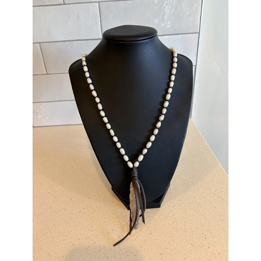 Native Fresh Water Pearl Brown Leather Feather Necklace Tassel